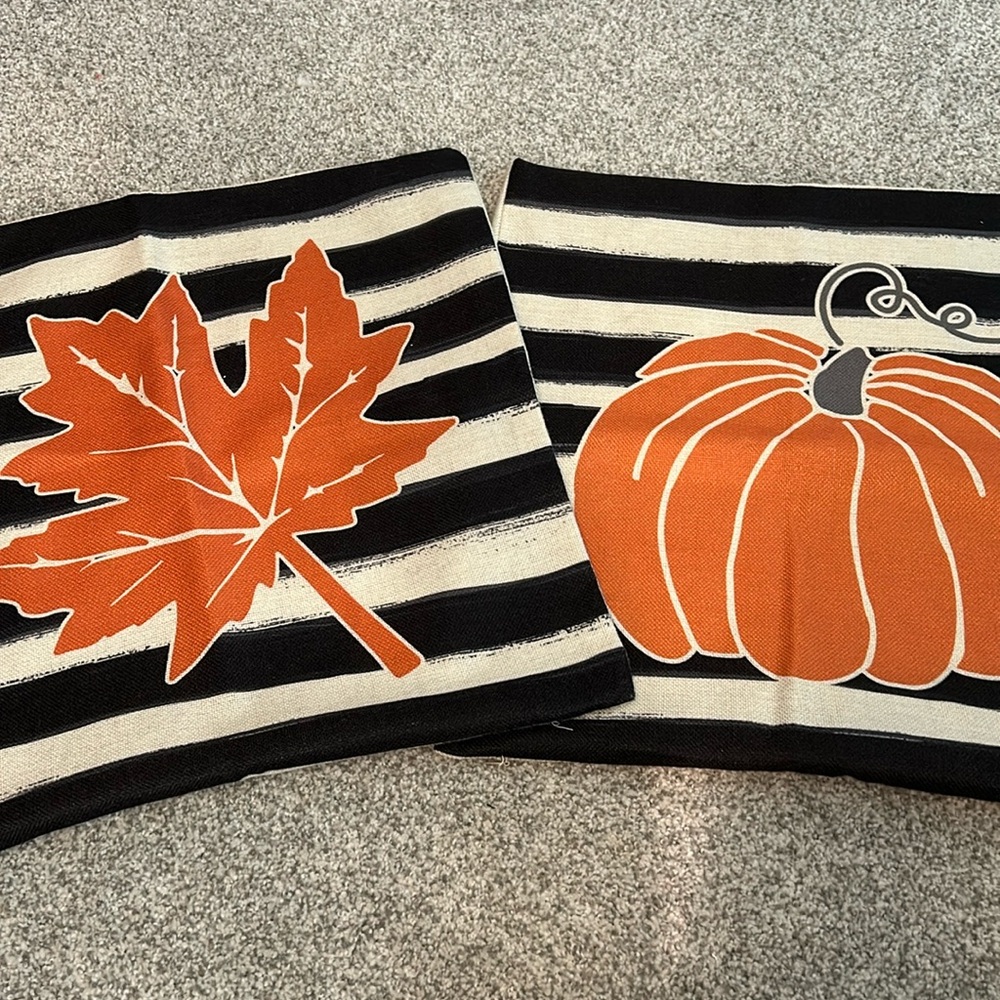 Set of 2 harvest accent pillow covers aprox 17” PUMPKIN LEAF grey natural orange